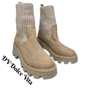 DV Dolce Vita Vionie Booties Women's Sz 8M Faux Beige Suede Knit Ankle Stretch